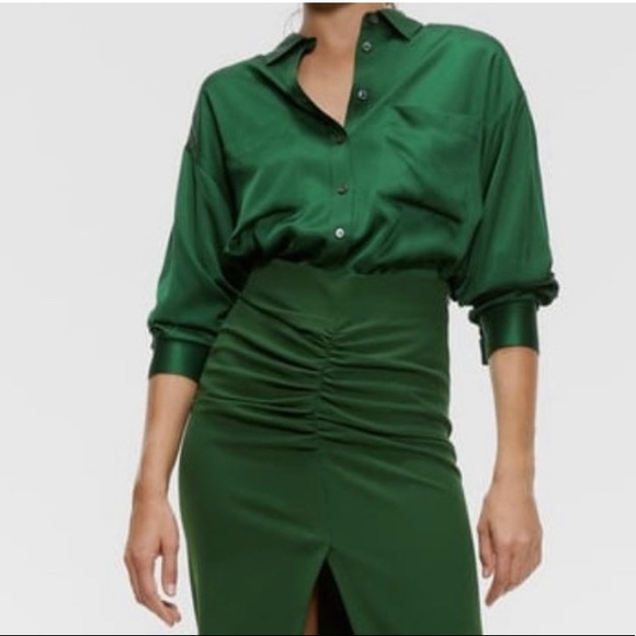 Zara Green Silk Shirt with Pockets Size Small - Picture 2 of 4